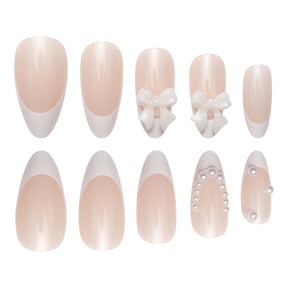 24 French Pearl & Bow Nail Tips, Nude Drop Shape