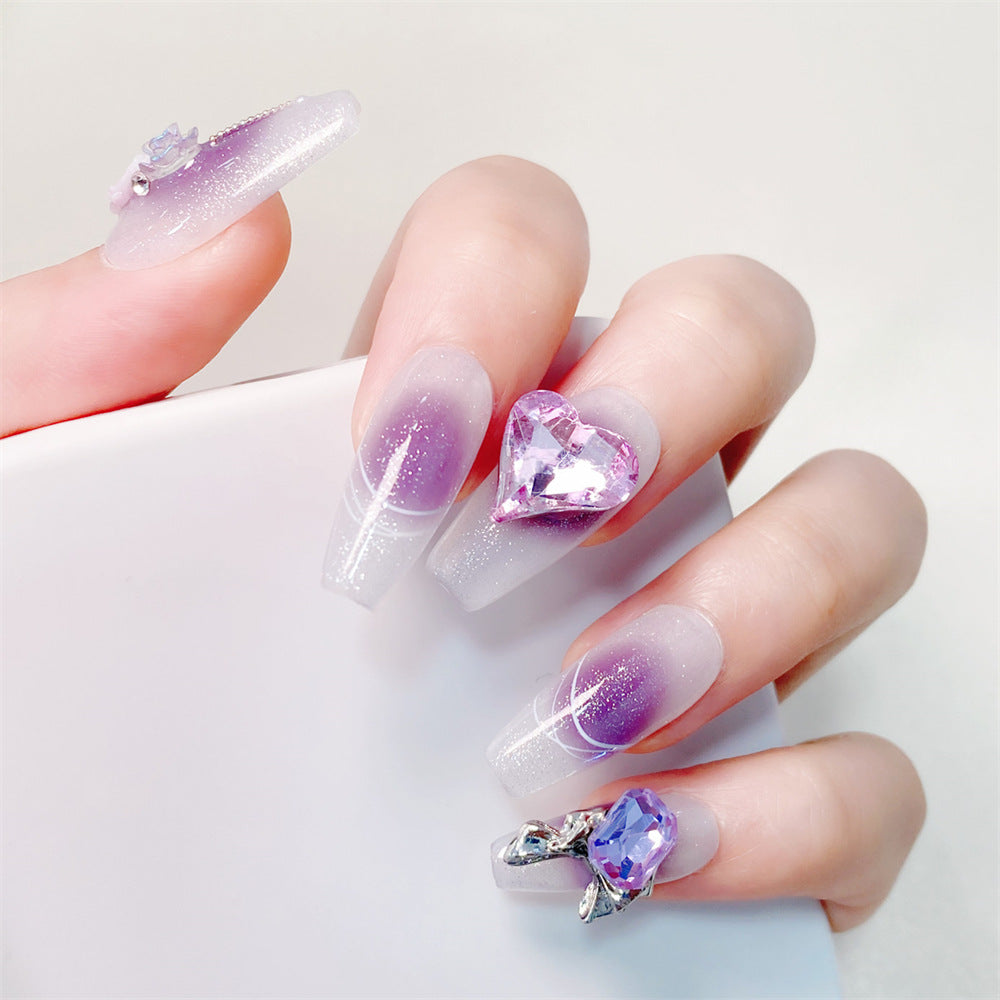 Chic Handmade Purple Starry Sky Long Full-Diamond Fall Nails, Versatile and Stylish Nail Patches