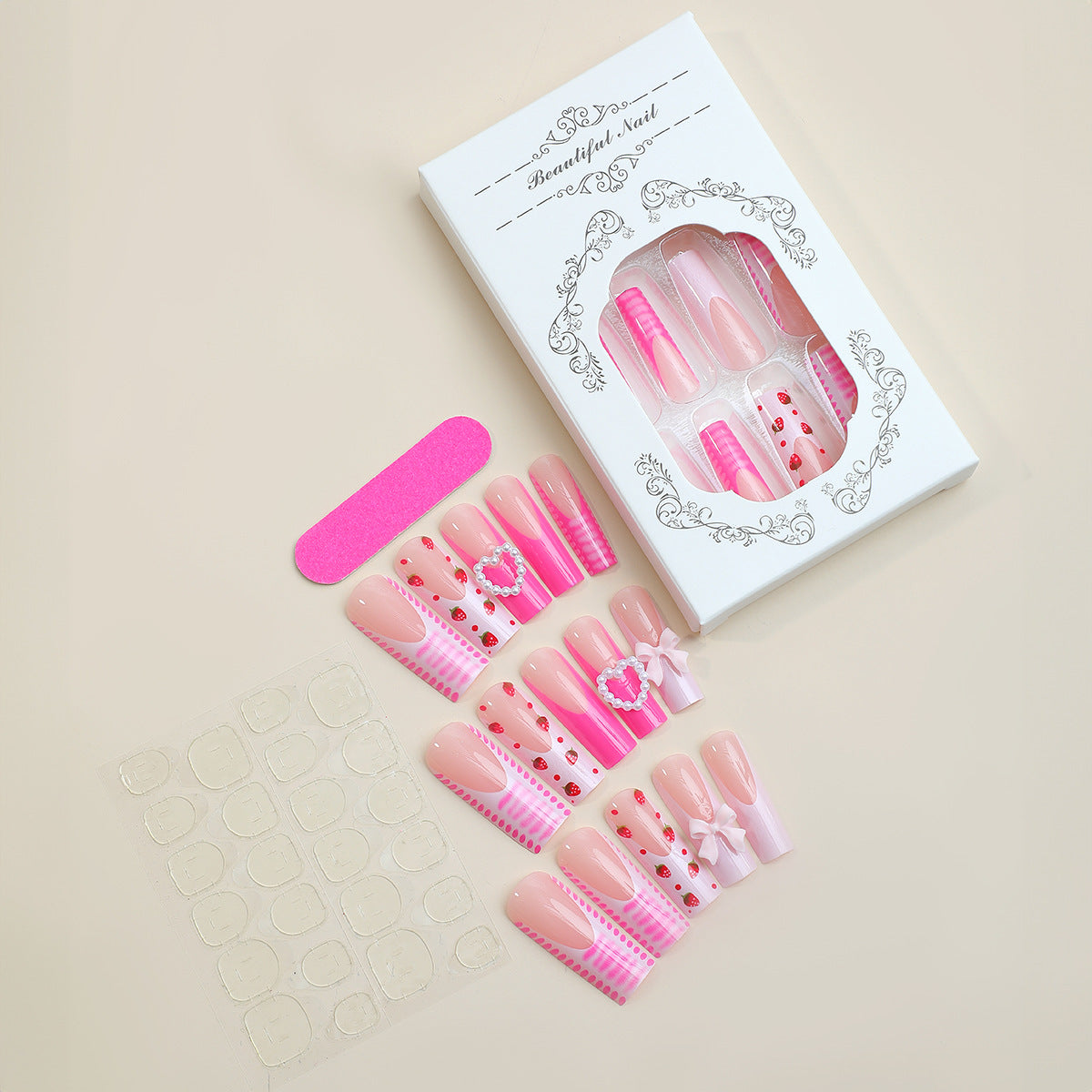 Super Long Pink Heart Bow 3D Fake Nail Tips