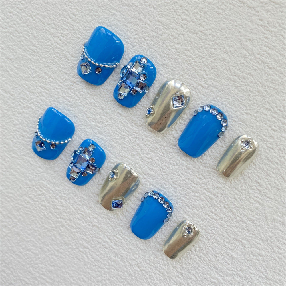 Chic Handmade Full-Diamond Sea Blue Fall Nails, Versatile and Trendy Student-Friendly Nail Patches