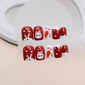 Rabbit Design Wine Red Fall Nails: 24-Piece Removable Nail Wraps