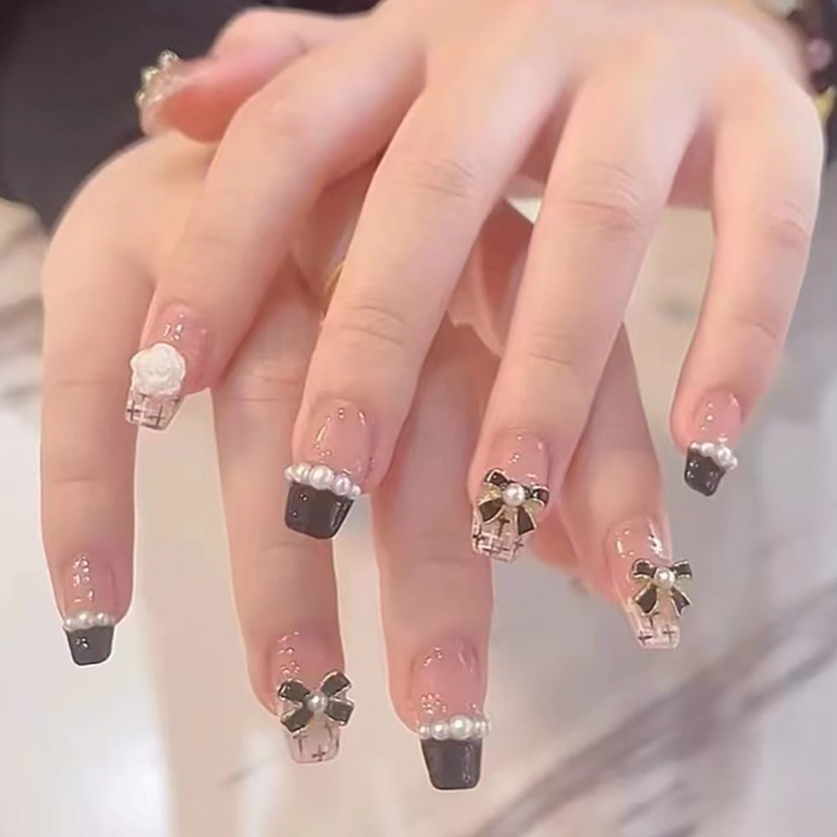 Short Black French Nails with Chiffon Butterfly Design