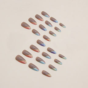 Trendy Euro Ins Style Round Almond Multicolor Gradient French Gold Line Fake Nails