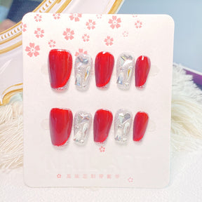 Chic Handmade Simple Burgundy Flash Diamond Fall Nails, Versatile and Popular Nail Patches