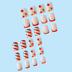 Cute French Red Striped Star Christmas Fall Nails - Removable Nail Tips