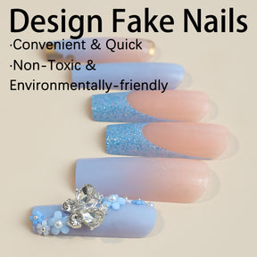 Long 3D Flower and Butterfly Glitter Nail Tips