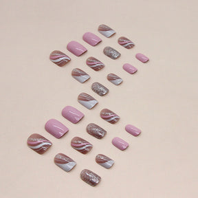 Pink White Striped Charming Sweet Shiny French Nails Ins Style