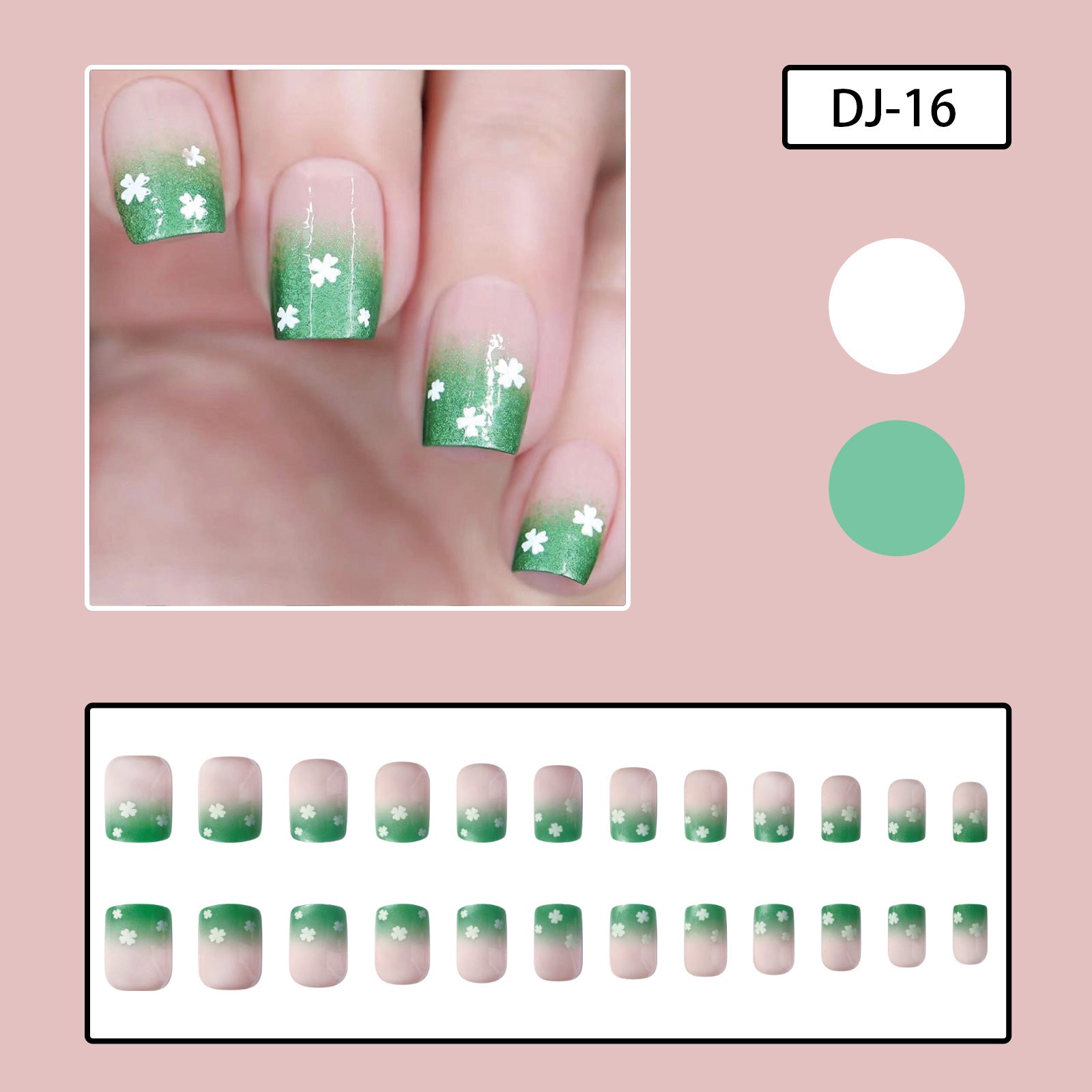 St. Patrick's Day Green Glitter Gradient Press-On Nails, Shamrock Design