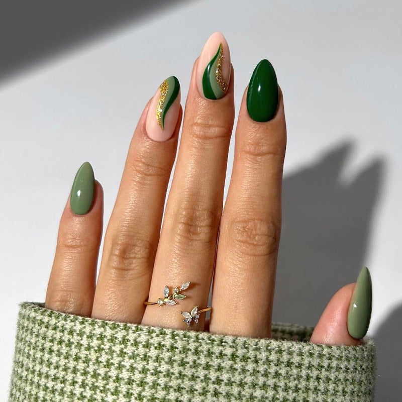 Almond Shape Green Gold False Nails