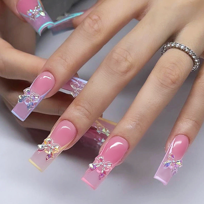 Long Water Pipe Pink Nails with Bow Decorations