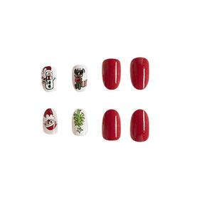 Shiny Short Christmas Nail Tips with Santa and Reindeer