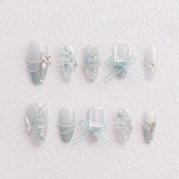 Chic Handmade Crystal Glass 3D Butterfly Flash Diamond Fall Nails, Original Oval Nail Patches