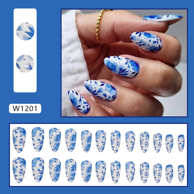 Almond Blue Mist Flower Nails, Cool and Removable