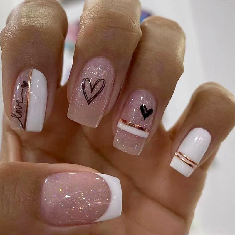 White Glitter French Heart Nail Stickers