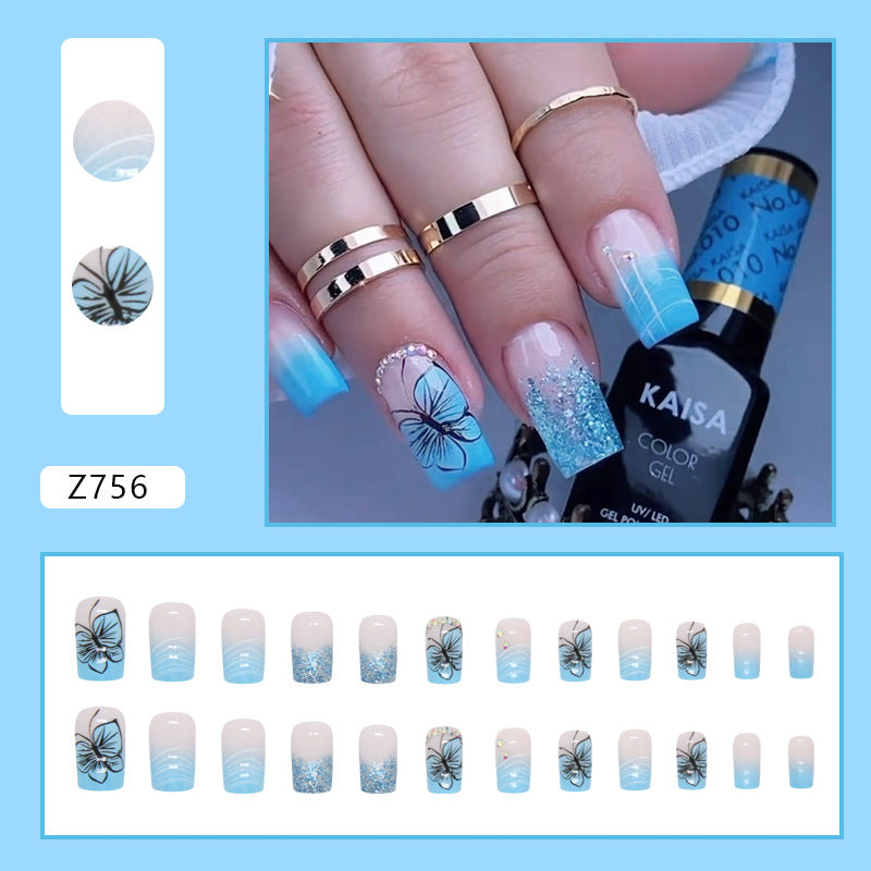 Summer Cool Glitter French Square Nails, Elegant and Sparkly