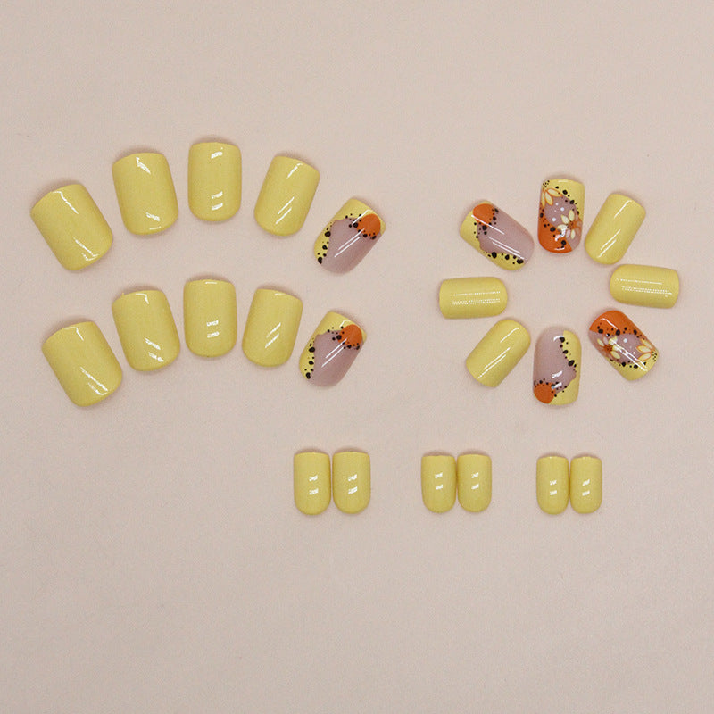 Short Canary Yellow Nails, Daisy Polka Dot Design