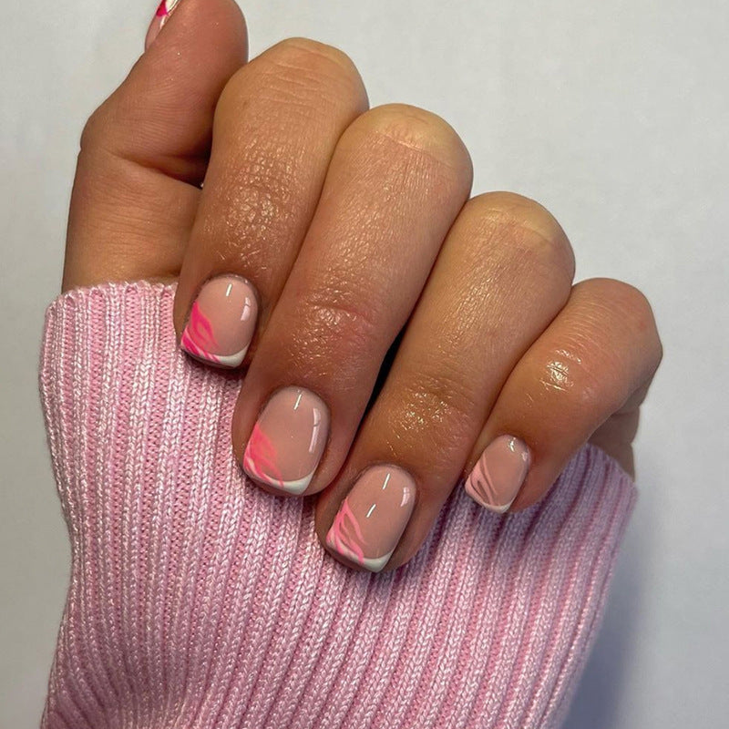 Short French Zebra Stripe Rose Pink Ins-Style Nails