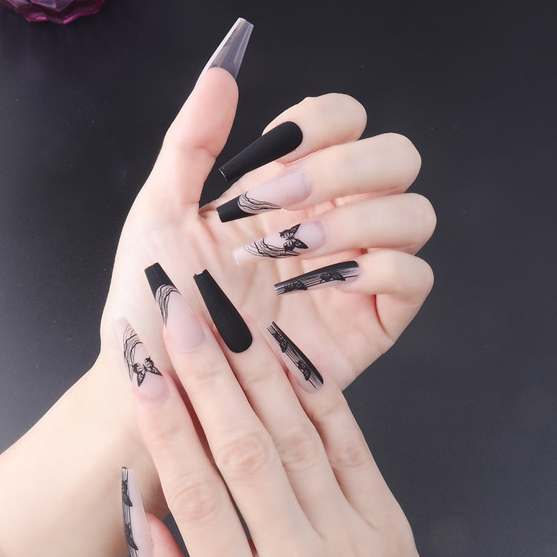 Long Black Butterfly Line Ballet-Inspired Nails