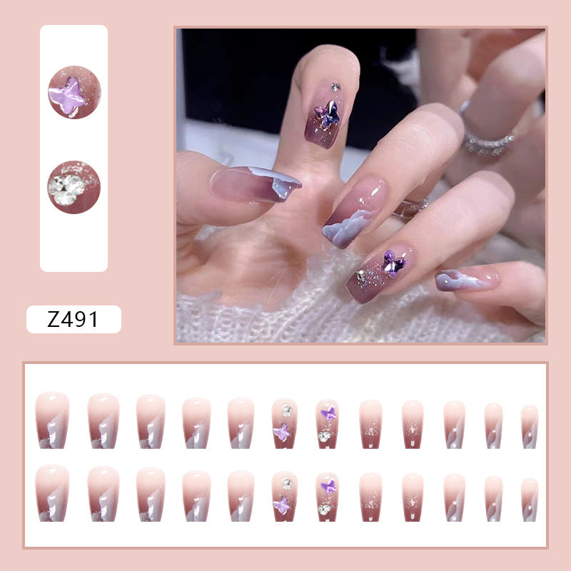 Shiny Diamond-Stacked Purple Laser Butterfly Ombre Ballet Fall Nails: 24-Piece Set