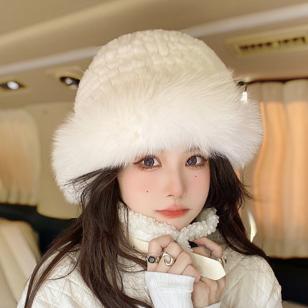 Cute Real Rabbit Fur Hat with Fox Trim - Winter Warmth