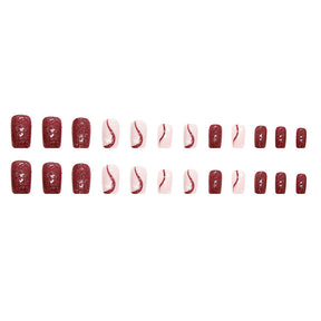 Square Flash Cherry Red Nails, Heart Pattern, Ins Style, Wholesale