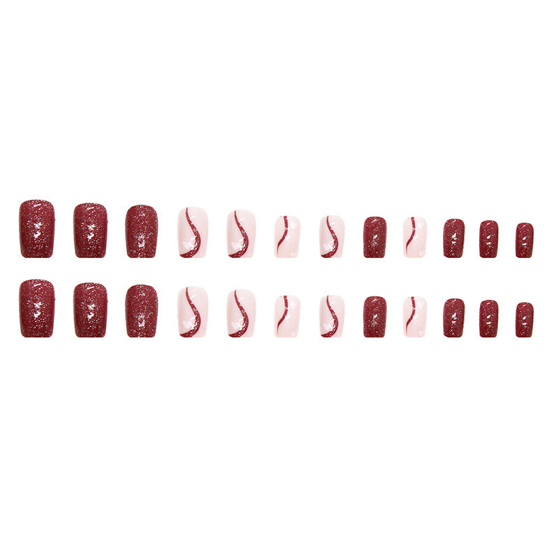 Square Flash Cherry Red Nails, Heart Pattern, Ins Style, Wholesale