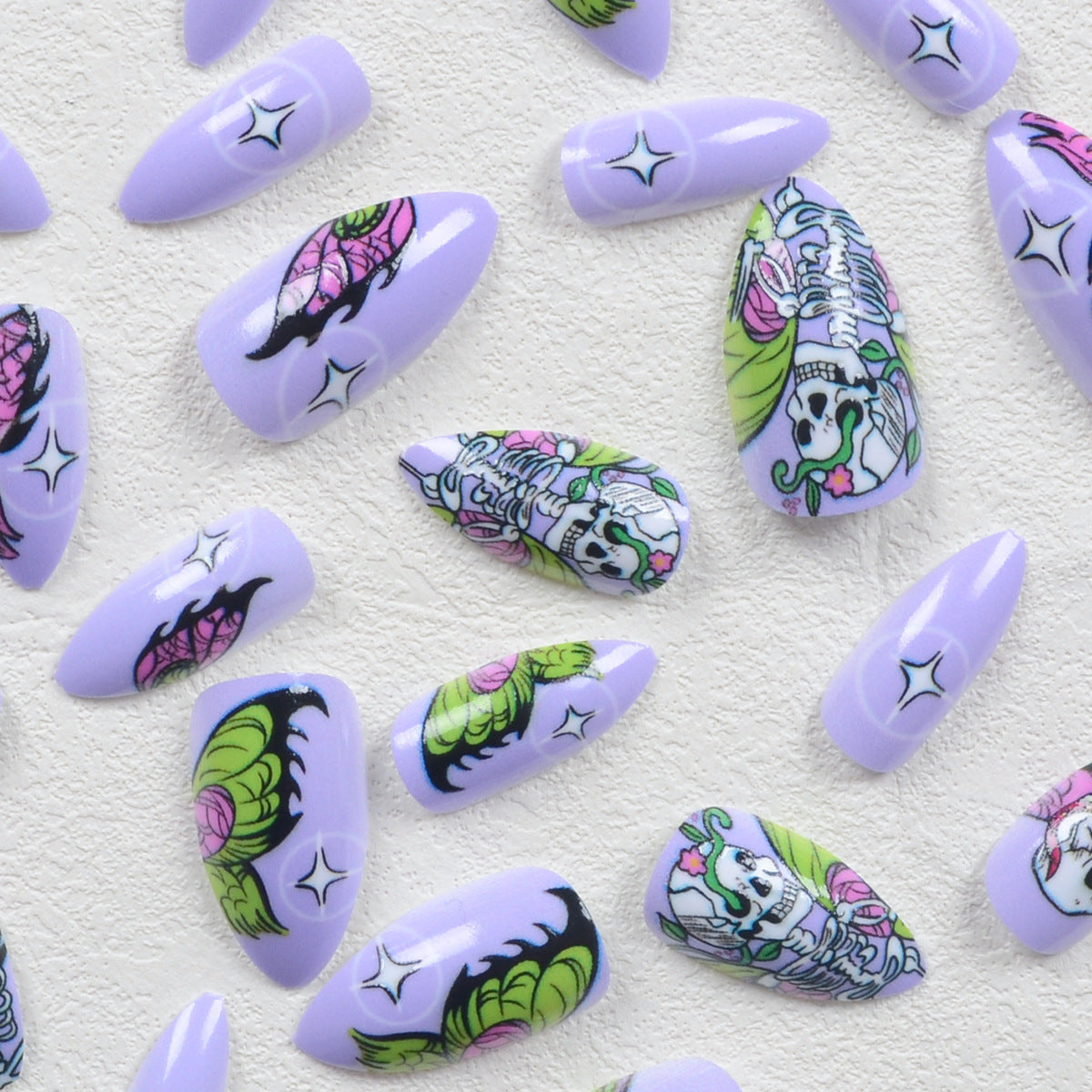 Colorful Skull and Butterfly Wings Halloween Nails