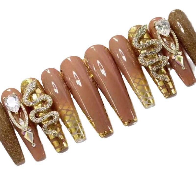 Golden French Snake Print Diamond Nail Tips