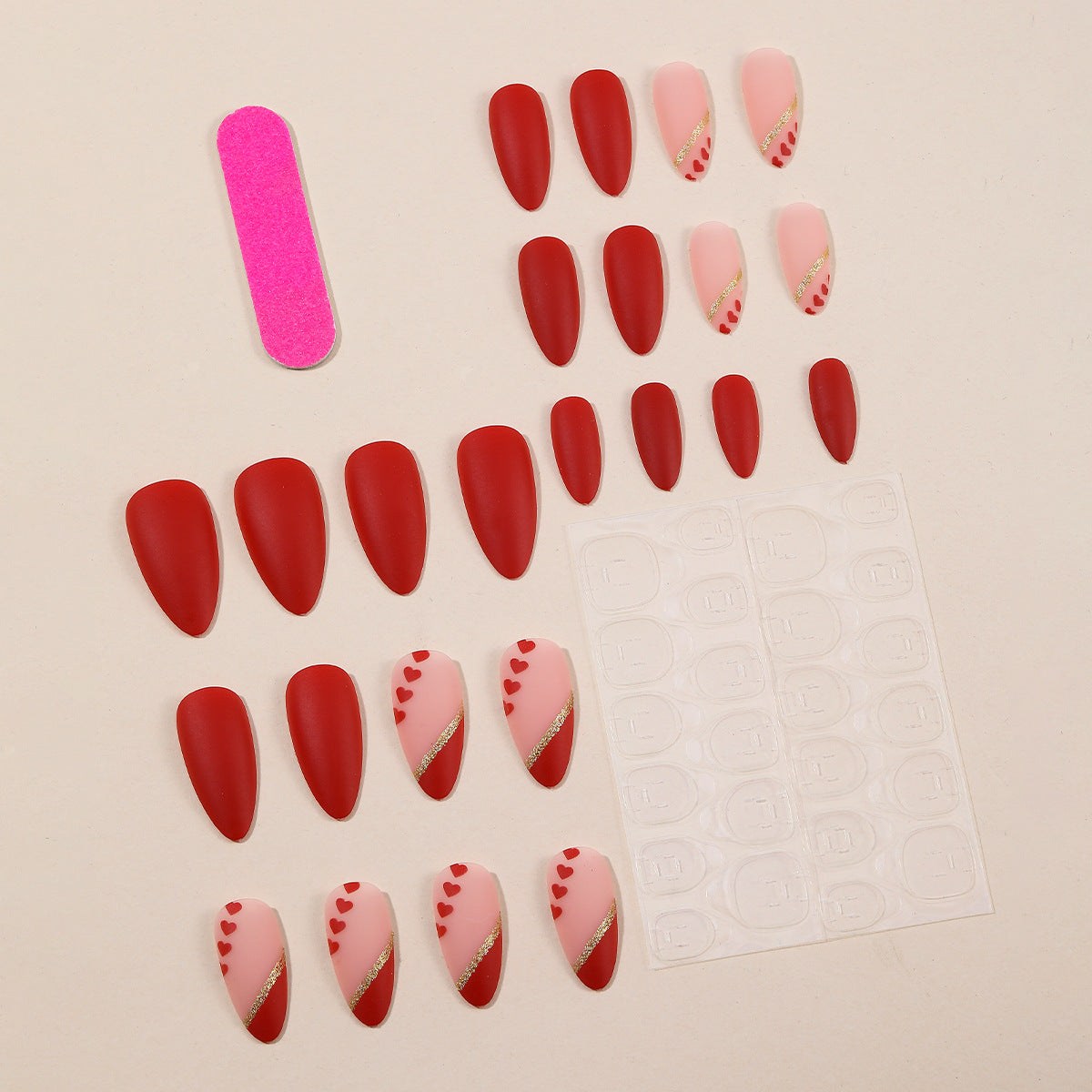 Almond Shaped Red Matte Sweet Heart Line Detachable Fake Nails