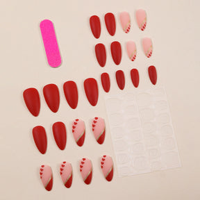 Almond Shaped Red Matte Sweet Heart Line Detachable Fake Nails