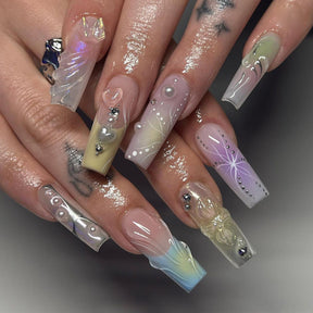 3D Rainbow French Fall Nails with Y2K Butterfly and Square Shape