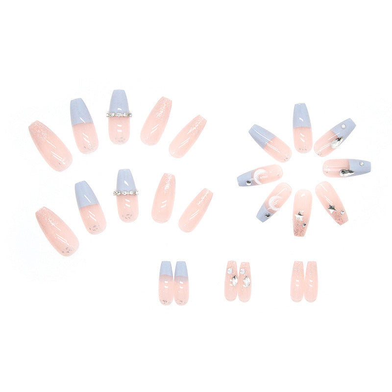 Sea Salt Macaron Color Crystal Long Acrylic Nails with Stars and Moons