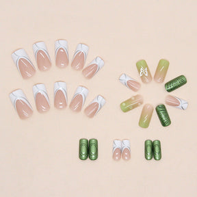 Square Aurora Green Nail Stickers with Diamond and Butterfly