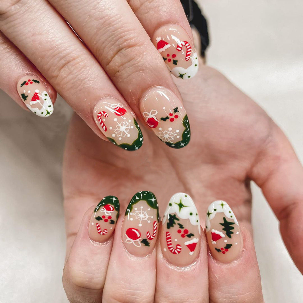 Christmas Santa Hat, Tree, Bells, Snowflakes, and Berries Nails