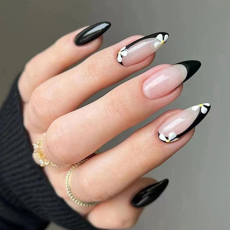 Sweet & Edgy Girls' Solid Glossy Black Fall Nails - Cute Floral