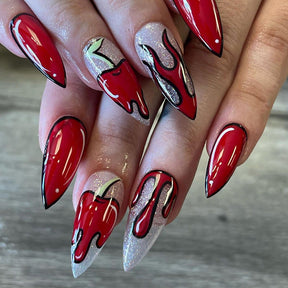 Cartoon Flame Red Nail Stickers with Glitter