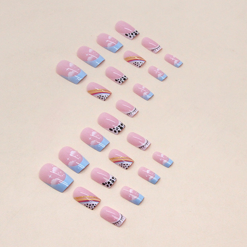 Cute Cow Print Rainbow Stripe Sky Nails Colorful Summer Eye-Catching Fake Nails