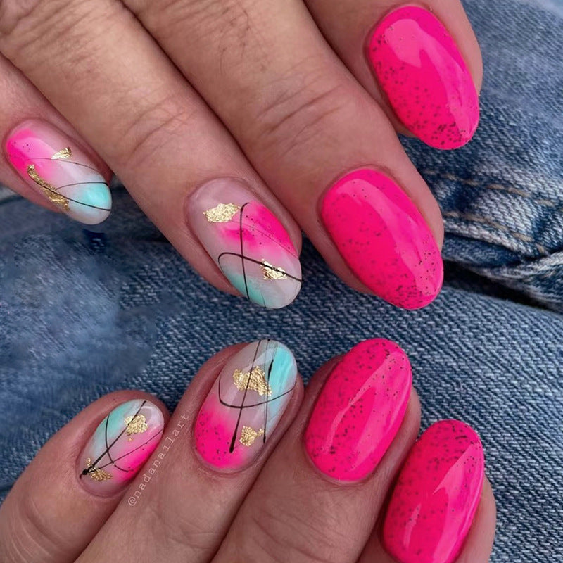 Oval Dragon Fruit Irregular Lines Ombre Nails, Summer Fresh Colors