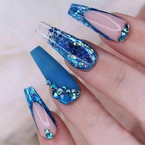 Blue Sparkle T-Shape Nail Tips with Diamonds