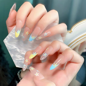 Chic Handmade Almond French Daisy Long Oval Cat Eye Fall Nails, Versatile Nail Patches