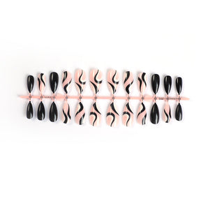 New Almond Shaped Nail Tips with Black Wave Pattern