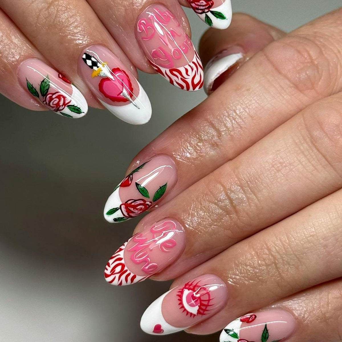 White Edge French Style Valentine's Heart Rose Nails