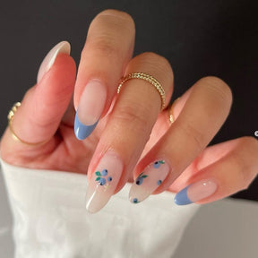 Blue Floral French Tip Nail Extensions, Detachable