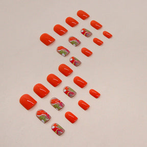 Short Vibrant Orange Summer Nails, Multicolor Floral Design