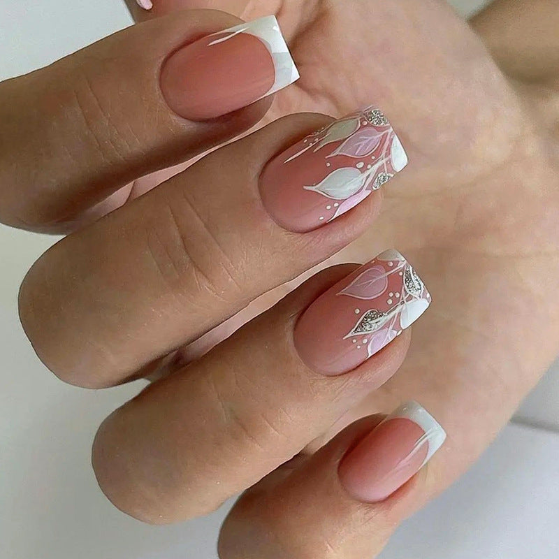 24-Piece White French Tree Silhouette Nails, Minimalist and Chic