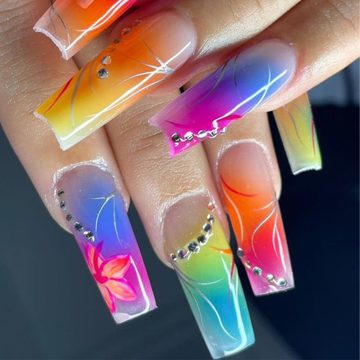 Colorful Gradient Flower Nail Tips with Rhinestones