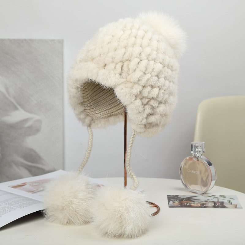 Winter Fox Pom Pom Mink Fur Hat for Women