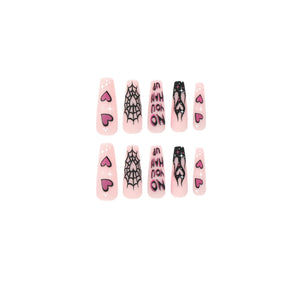 Black & Pink Halloween Nail Tips with Web and Flames