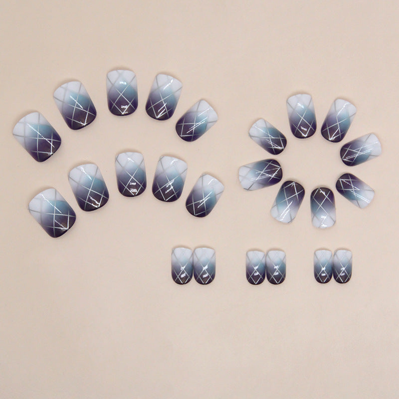 Purple Blue Ombre Plaid Soft Square Fall Nails: 24-Piece Set