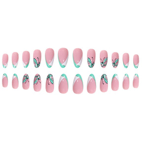 Almond Green White Butterfly French Nail Extensions